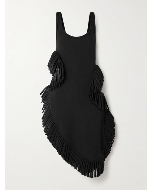 DIOTIMA Black Scatter Asymmetric Cutout Fringed Wool-Twill Midi Dress