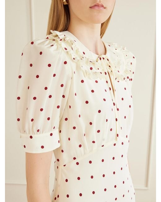 Alessandra Rich White Ruffled Polka-Dot Silk Midi Dress