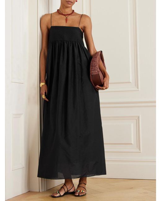 Matteau Black Pintucked Organic Cotton And Silk-Blend Maxi Dress
