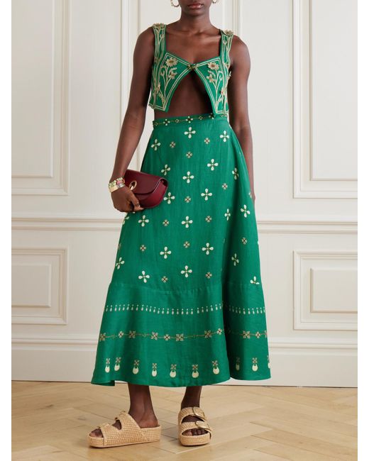 Agua Bendita Green Coralina Esmeralda Appliquéd Embroidered Linen Bustier Top
