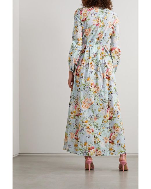 Adam Lippes Blue Pleated Floral-Print Cotton-Voile Maxi Dress