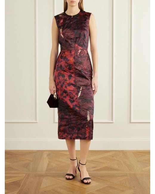 Erdem Purple Floral-Print Crinkle Paneled Satin Midi Dress