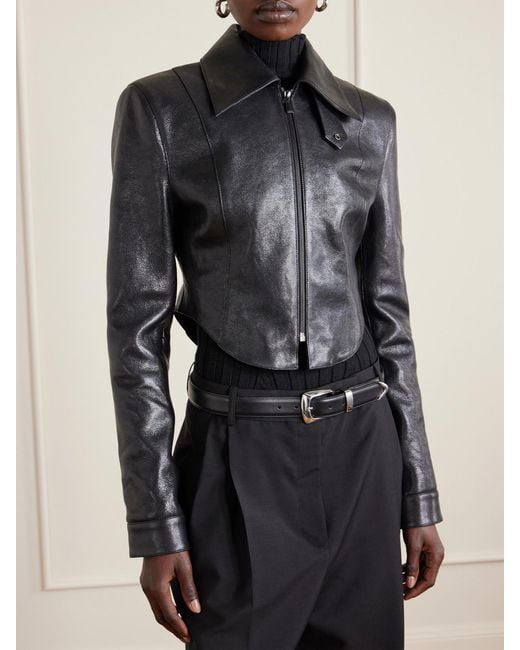 Magda Butrym Black Cropped Paneled Glossed Textured-Leather Biker Jacket