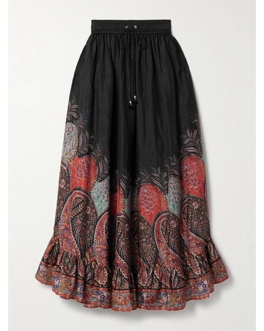 Zimmermann Black Rhiannon Ruffled Paisley-Print Organic Silk Maxi Skirt