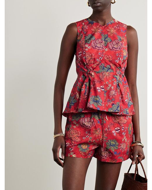 Ulla Johnson Red Sydney Pleated Printed Cotton-Poplin Peplum Top