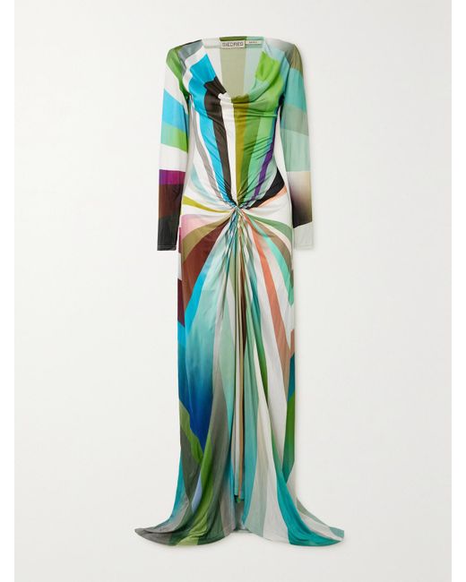 Siedres Green Linny Gathered Draped Printed Satin-Jersey Maxi Dress