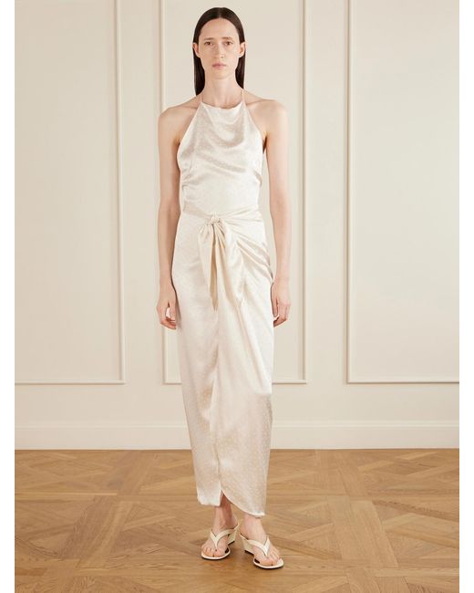 Aflalo White Nourin Polka-Dot Knotted Satin-Jacquard Halterneck Maxi Dress