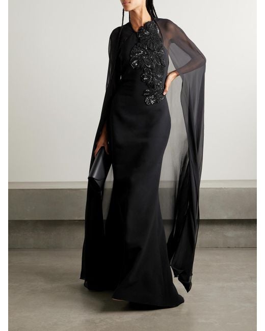 Elie Saab Black Cape-Effect Embellished Silk-Crepe And Silk-Chiffon Gown