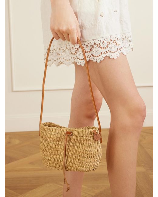Muuñ White Nina Leather-Trimmed Raffia Shoulder Bag