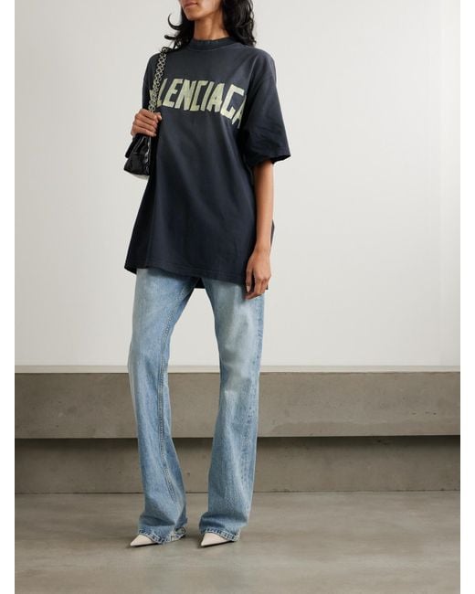Balenciaga Blue Oversized Distressed Printed Cotton-Jersey T-Shirt