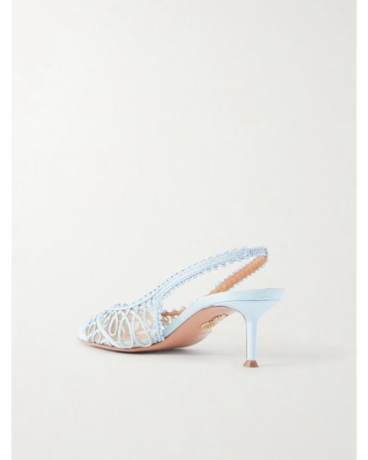 Aquazzura White Kahlo 50 Embroidered Leather-Trimmed Mesh Slingback Pumps