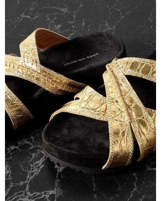 Dries Van Noten Black Metallic Croc-Effect Leather Sandals