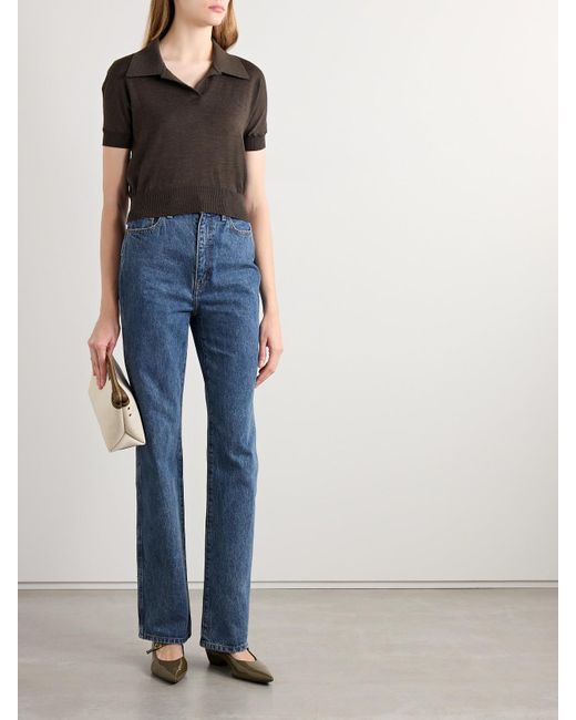 Khaite Gray Morgane Cropped Wool-Blend Polo Top