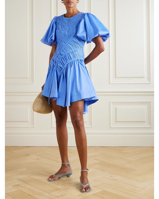 Aje. Blue Wisteria Asymmetrisches Minikleid Aus Baumwollpopeline Mit Raffungen Und Falten