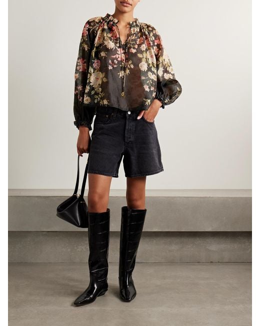 Sea Black Jolie Ruffled Floral-Print Organza Blouse