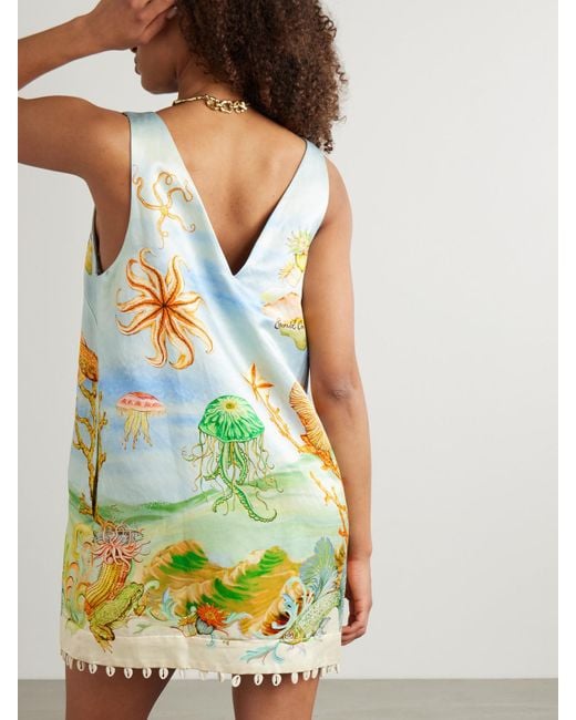 ALÉMAIS Yellow Sam Pauletto Emerald Cove Embellished Printed Hemp And Silk-Blend Mini Dress