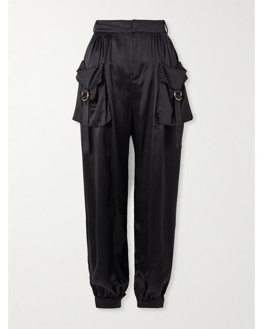 Chloé Black Embellished Pleated Silk-Satin Tapered Pants