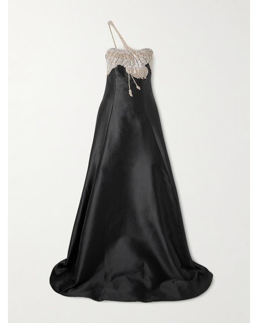 Costarellos Black Venezia Crystal-Embellished Mikado Gown