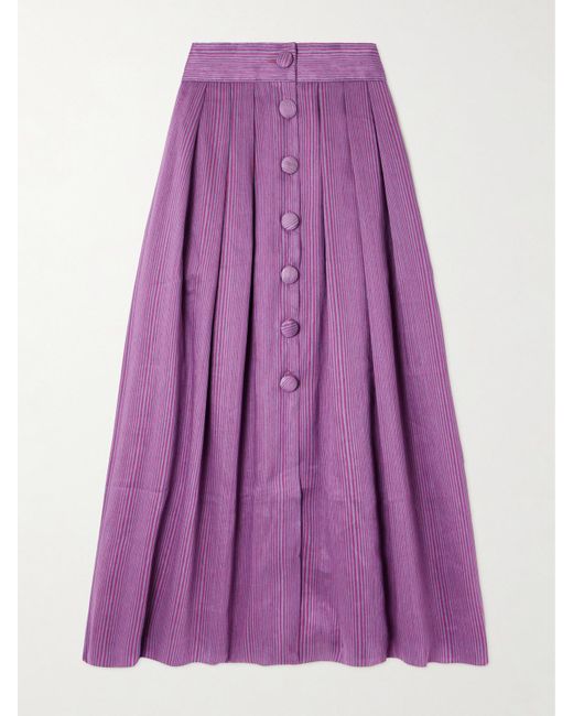 D'Estree Purple Irving Striped Linen-Blend Midi Skirt