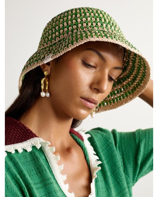 Loeffler Randall Green Jocelyn Checked Raffia Bucket Hat
