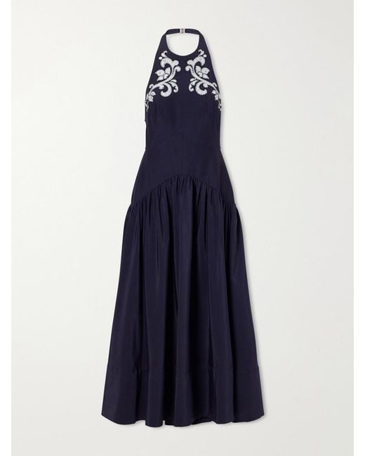 ALÉMAIS Blue Dillon Crystal-Embellished Appliquéd Embroidered Cotton-Blend Poplin Halterneck Maxi Dress