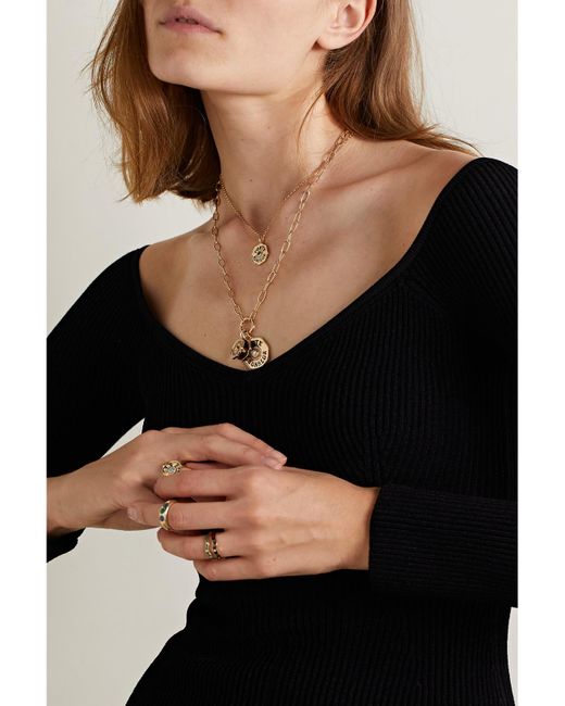 Marlo Laz Natural Mini Porte Bonheur 14-Karat, Enamel, Sapphire And Diamond Necklace