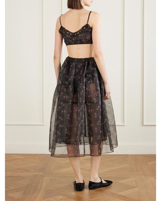 Simone Rocha Gray Cropped Lace-Trimmed Floral-Print Organza Top