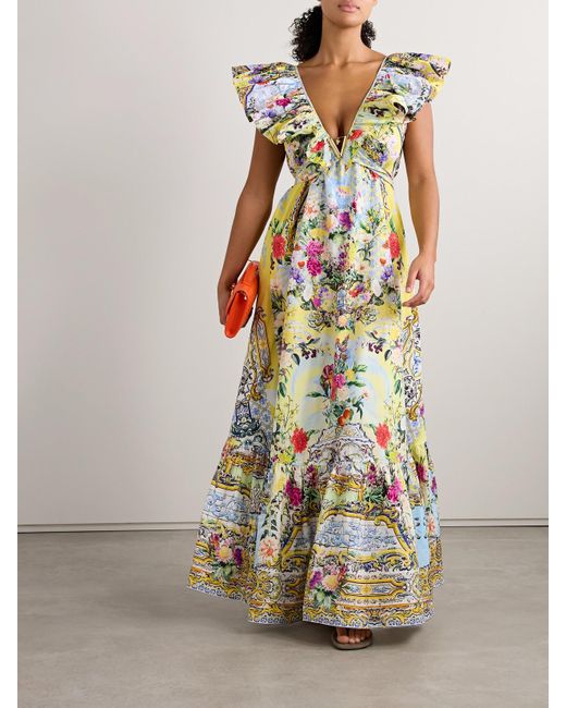 Camilla White Embellished Belted Ruffled Printed Organic Cotton-Poplin Maxi Dress