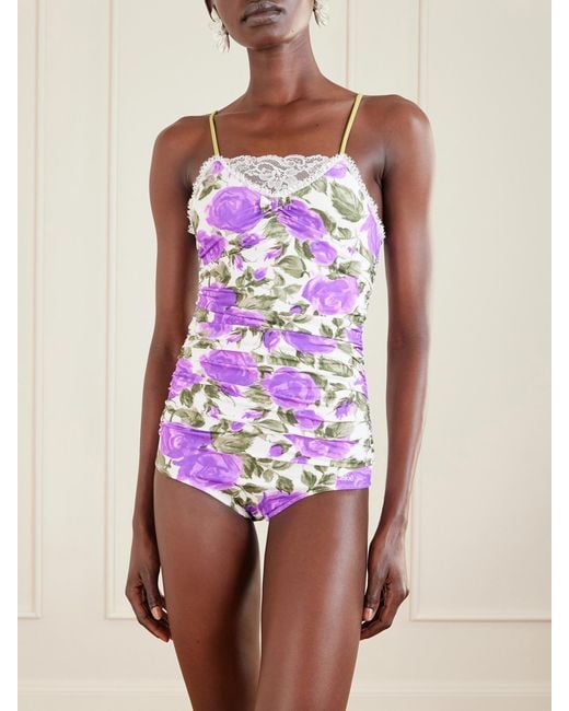 Chloé Pink Bow-Detailed Ruched Lace-Trimmed Floral-Print Swimsuit