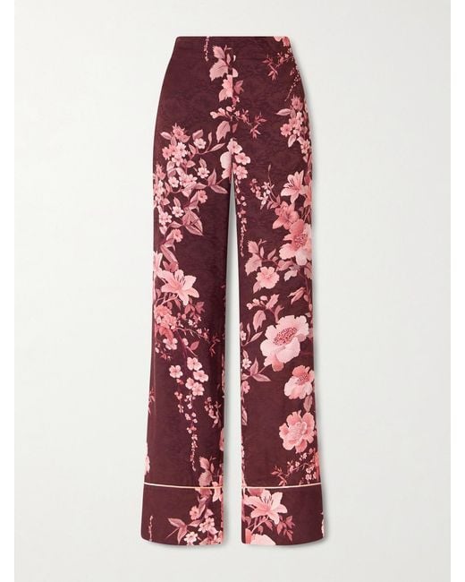 Borgo De Nor Red Havana Floral-Print Satin-Trimmed Crepe De Chine Jacquard Pants