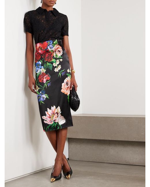 Dolce & Gabbana Black Floral-Print Satin Midi Skirt