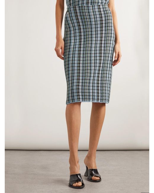 Bottega Veneta Blue Checked Linen-Blend Midi Skirt