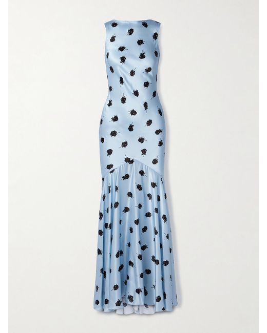 Nina Ricci Blue Open-Back Draped Floral-Print Satin Maxi Dress