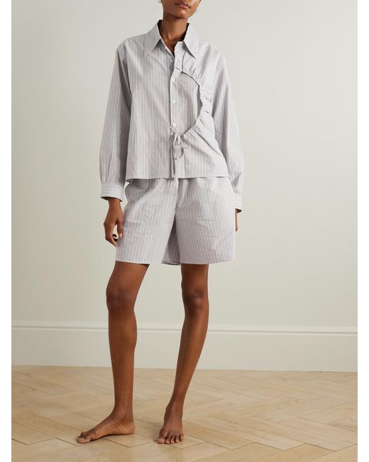 Deiji Studios White Arch Tie-Detailed Paneled Striped Organic Cotton-Poplin Shirt