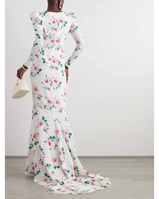 Alessandra Rich White Ruffled Floral-print Silk-crepe De Chine Gown