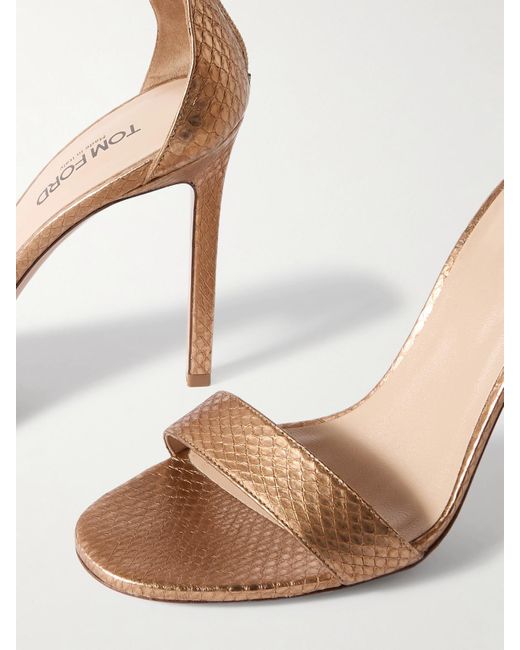 Tom Ford White Embellished Metallic Snake-Effect Leather Sandals