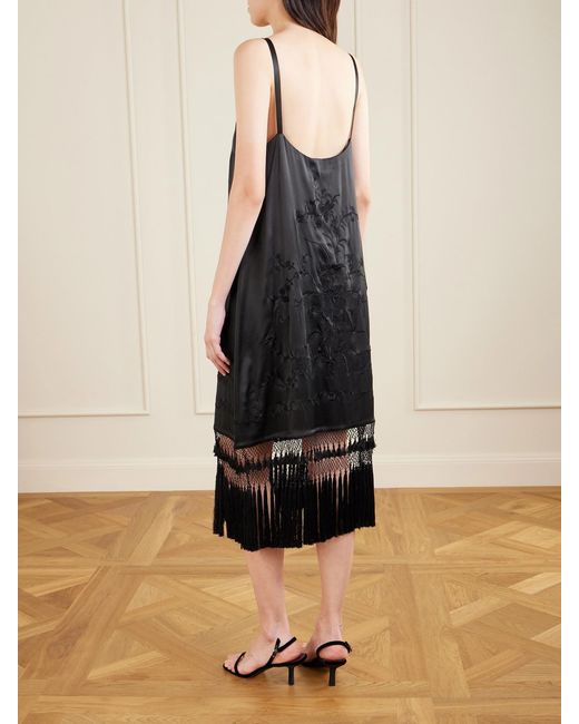 Bode Black Fringed Embroidered Silk-Satin Midi Dress