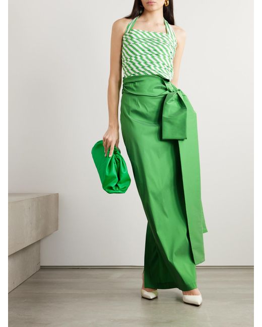 BERNADETTE Green Tippy Striped Pintucked Taffeta Halterneck Top