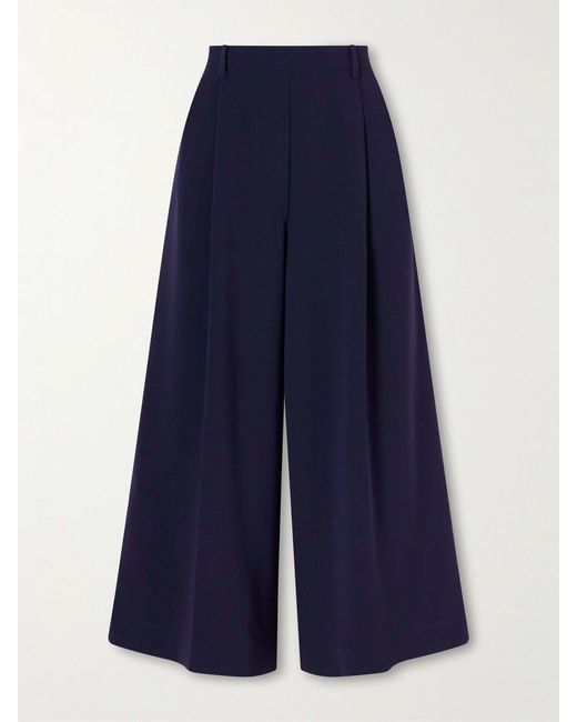 Leset Blue Arielle Pleated Cropped Cady Wide-Leg Pants