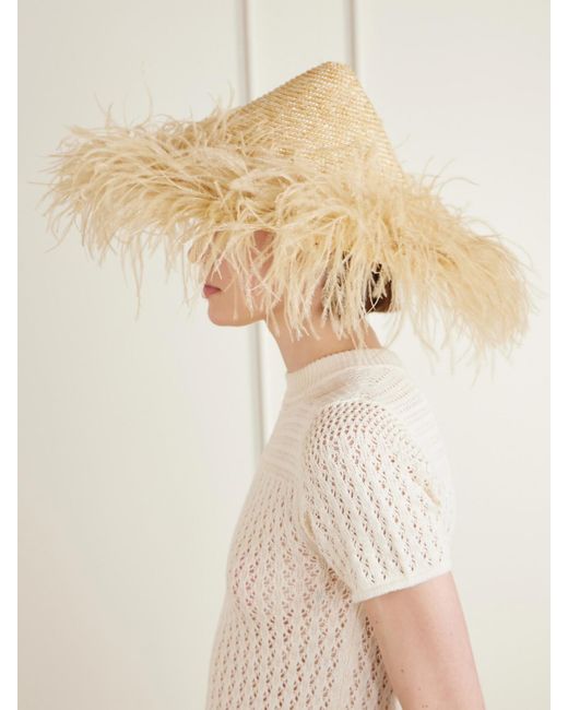 Gigi Burris Millinery Natural Harriet Feather-Trimmed Woven Raffia Sunhat