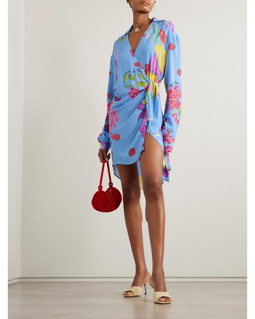 Donde Esteban Blue Cielo Floral-Print Crepe Mini Wrap Dress