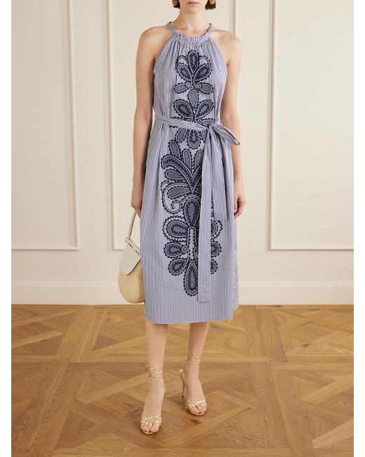 Carolina Herrera Blue Belted Striped Embroidered Cotton-Poplin Halterneck Midi Dress