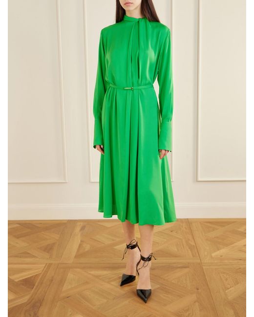Tom Ford Green Embellished Belted Pleated Silk-Georgette Midi Dress