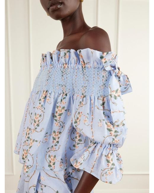 Agua Bendita Blue Isla Navegante Printed Smocked Linen Blouse