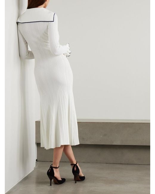 Self-Portrait White Striped Ribbed-Knit Midi Dress