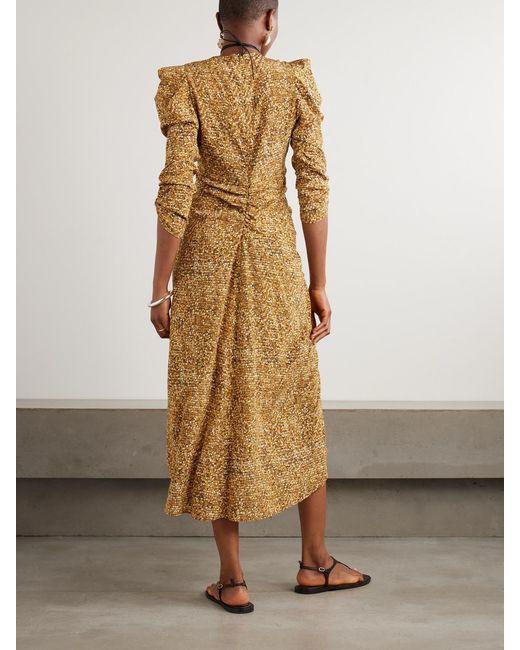Isabel Marant Metallic Albini Printed Gathered Silk-Blend Midi Dress