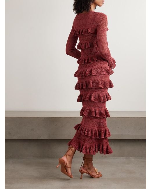 Zimmermann Red Wanderlust Ruffled Open-Knit Maxi Dress