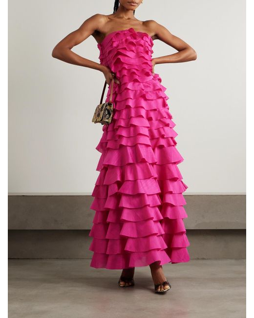 Aje. Pink Fleur Strapless Ruffled Tiered Gauze Gown