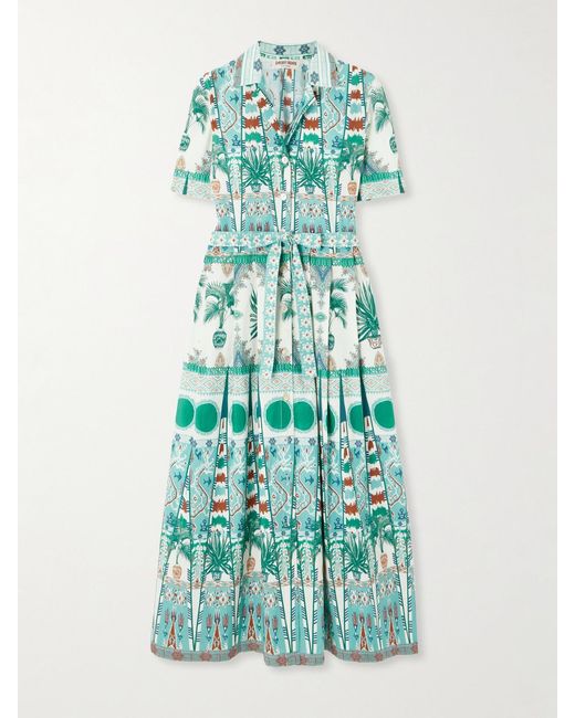 Emporio Sirenuse Green Claudia Belted Pleated Printed Cotton-Poplin Midi Shirt Dress