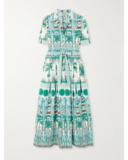 Emporio Sirenuse Green Claudia Belted Pleated Printed Cotton-Poplin Midi Shirt Dress